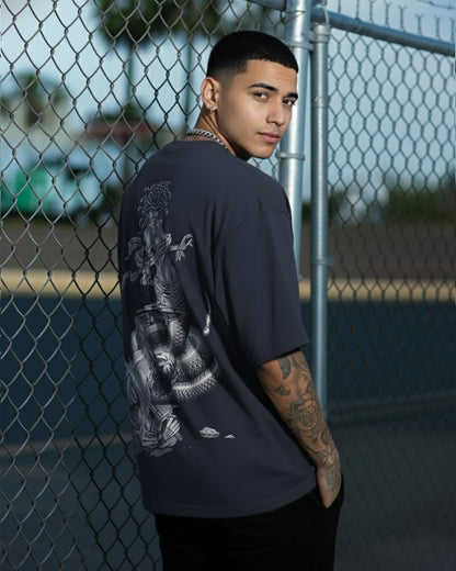 The Serpent’s Siege: Navy Blue Oversized Graphic Tee