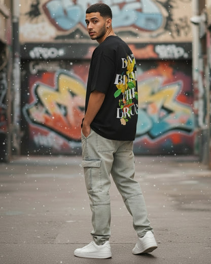 Don't Blame the Drug: Black Oversized Botanical Tee