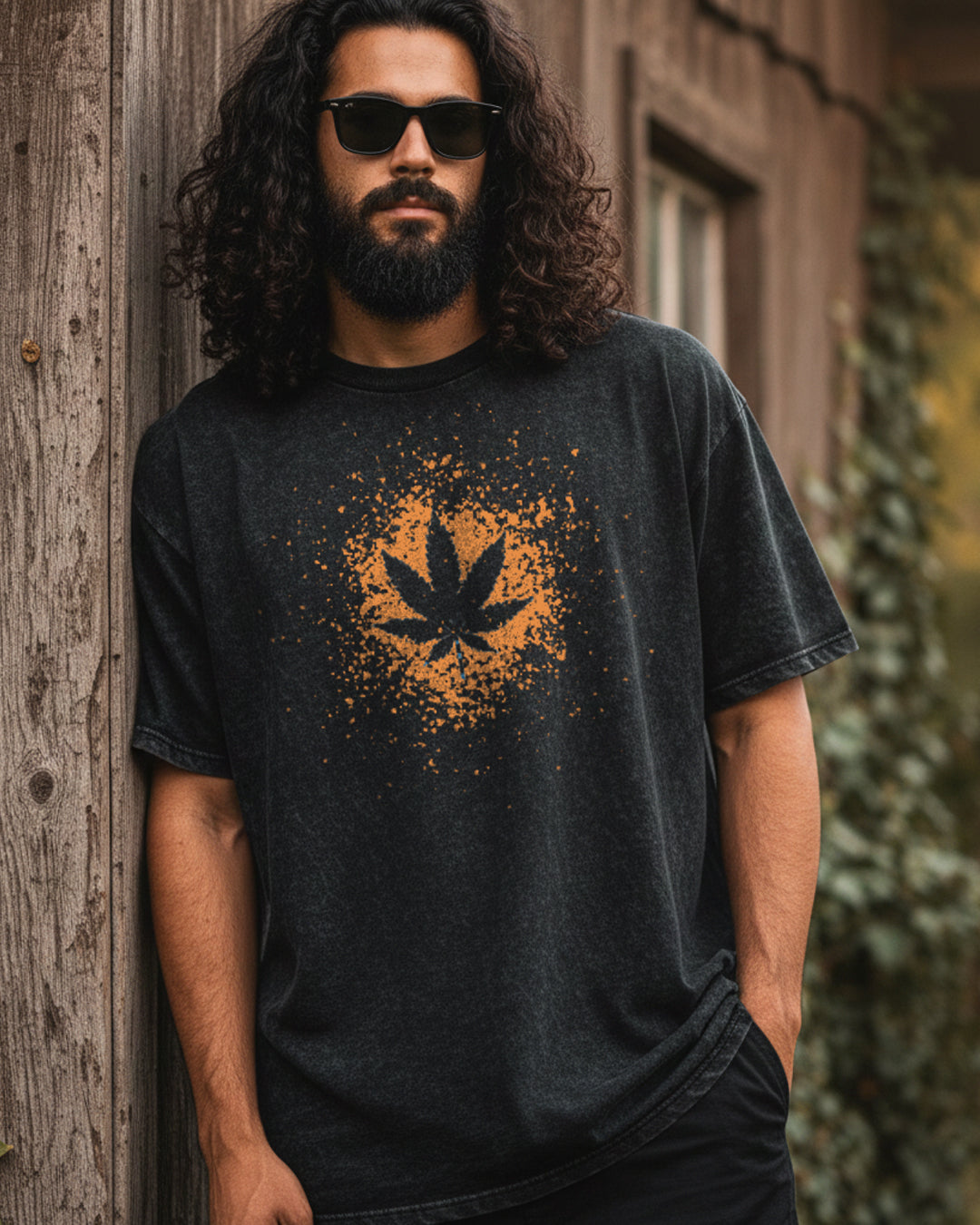 Hand-Bleached Hemp Leaf Black Acid Wash Tee