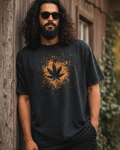 Hand-Bleached Hemp Leaf Black Acid Wash Tee
