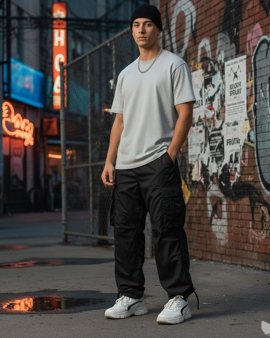Young male model in a street alley wearing a regular classic fit grey t-shirt and black cargo pants, showcasing a minimalist urban streetwear look
