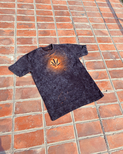 Hand-Bleached Hemp Leaf Black Acid Wash Tee